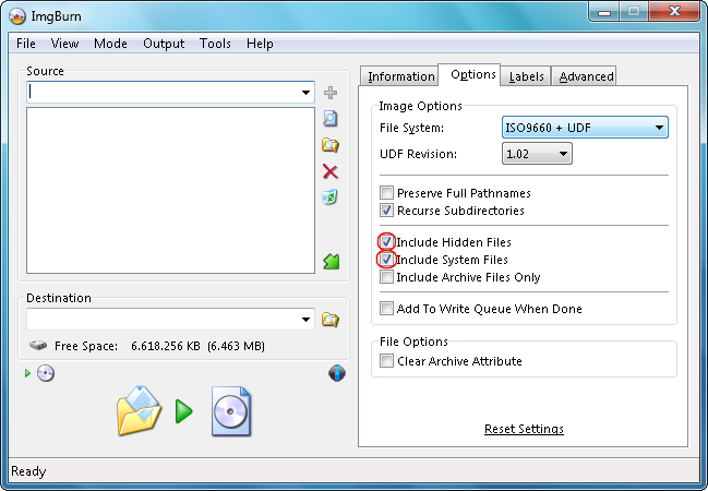 ImgBurn Code 5 Option tab select ISO9660 and UDF