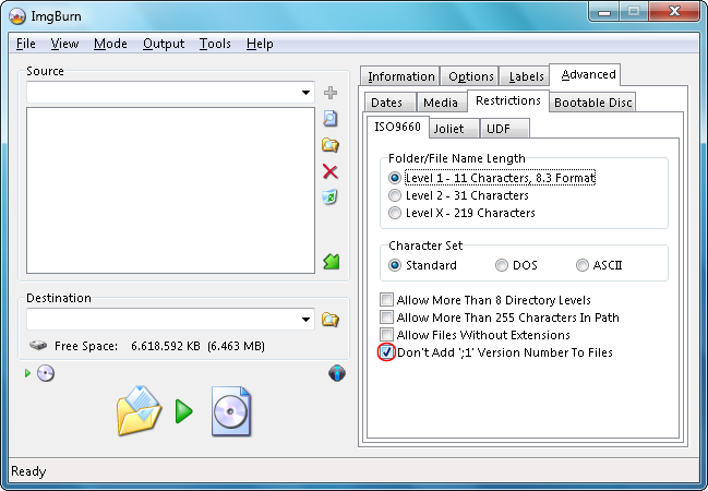 ImgBurn Code 5 Restrictions tab ISO9660