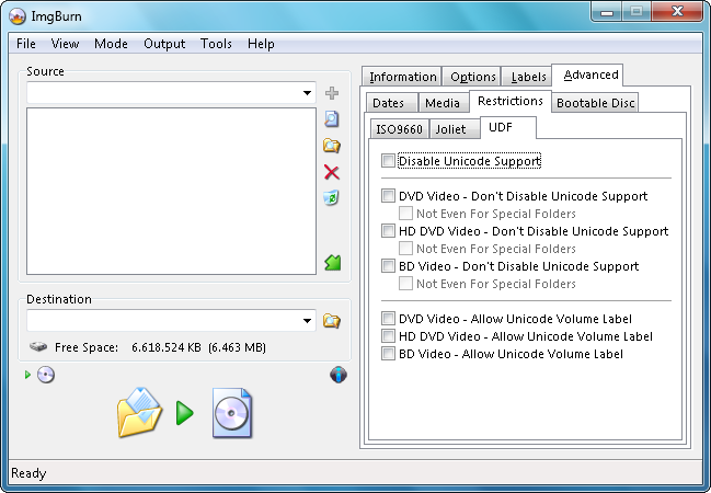 ImgBurn Code 5 Restrictions tab UDF